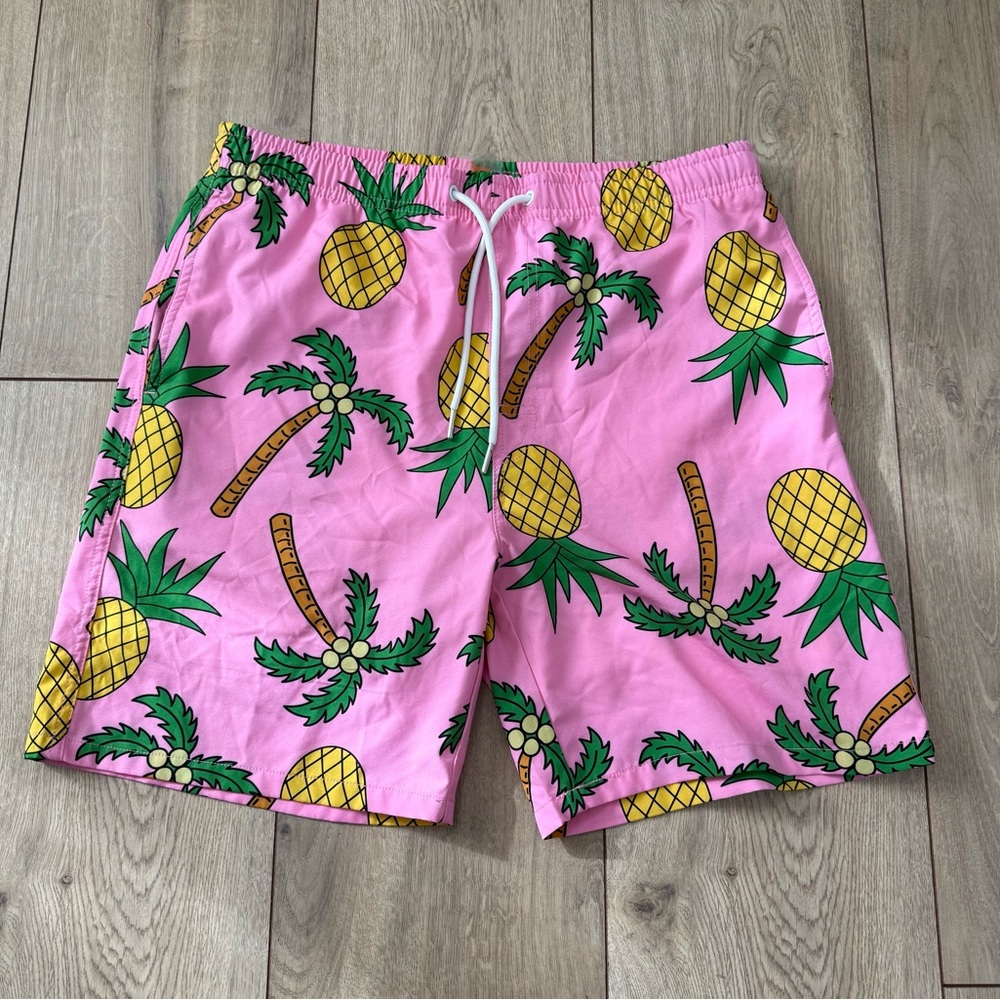 Amazon Men Swim Trunks Pink with Yellow Pineapple and Green Palm Print